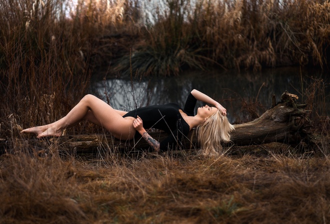 women, blonde, women outdoors, closed eyes, lying on back, brunette, tattoo, leotard