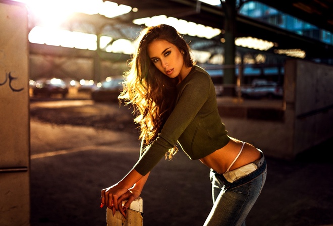 women, Miro Hofmann, women outdoors, portrait, tanned, panties, depth of field, pants, jeans