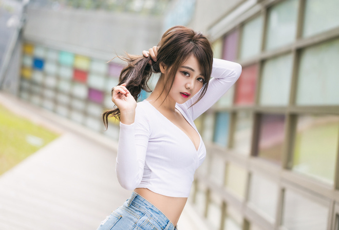 women, Asian, portrait, depth of field, hands in hair, women outdoors