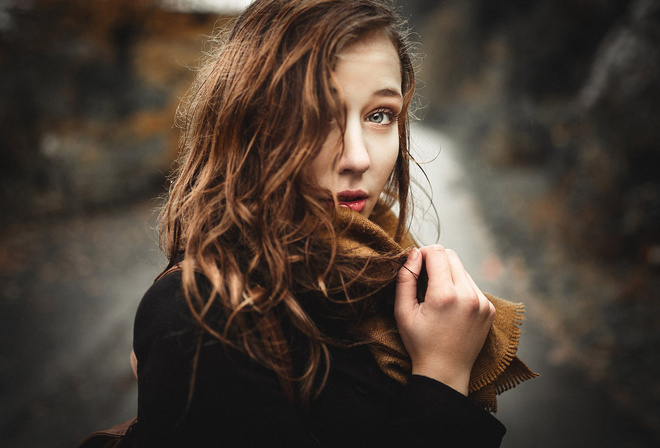 women, portrait, face, hair in face, women outdoors, depth of field