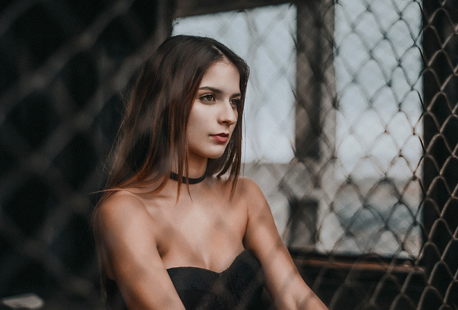 women, choker, portrait, window, looking away