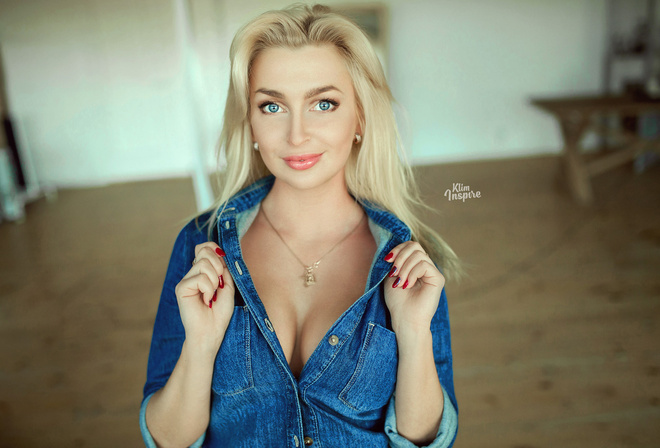 women, blonde, red nails, portrait, smiling, denim shirt, blue eyes, necklace