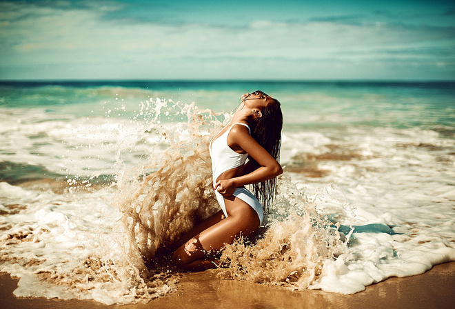 women, tanned, women outdoors, sea, sand, one-piece swimsuit, closed eyes, kneeling, depth of field