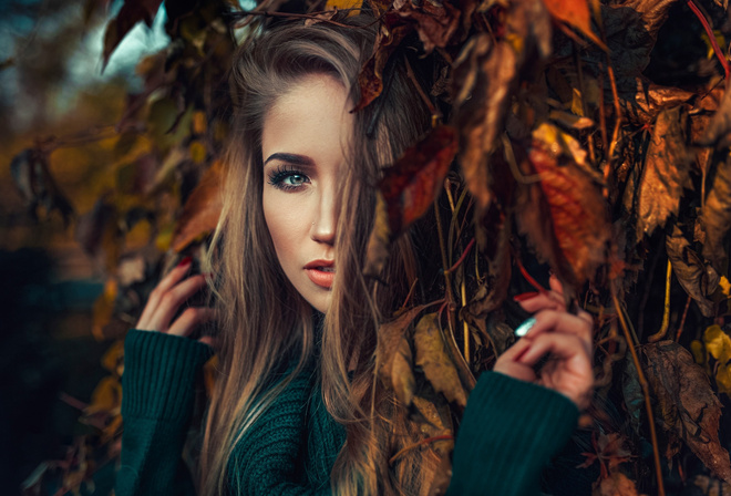 women, face, portrait, leaves, depth of field