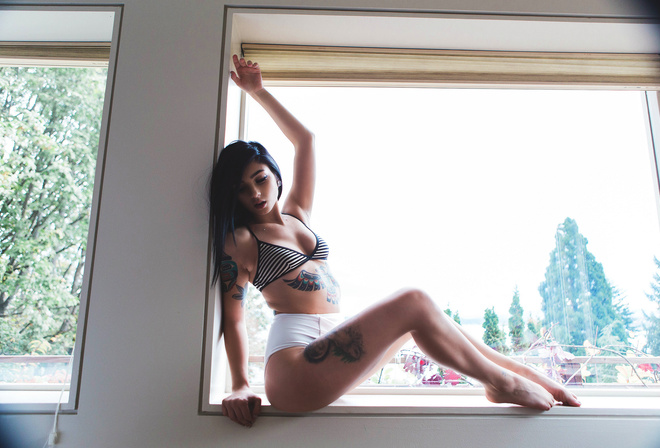 women, window, tattoo, belly, underwear, portrait, tanned, piercing