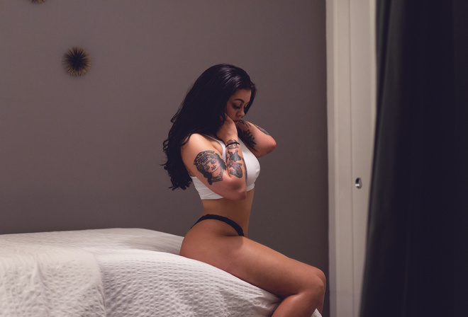 women, sitting, black panties, in bed, tattoo, ass, nose rings, closed eyes