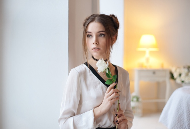 Xenia Kokoreva, Ksenia Kokoreva, Maxim Maximov, choker, rose, portrait, looking away