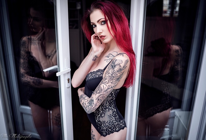 women, black lingerie, tattoo, reflection, portrait, dyed hair