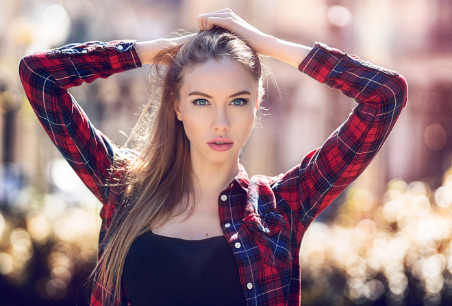 women, blonde, shirt, depth of field, portrait, hands on head