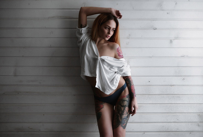 women, tanned, panties, wall, tattoo, shirtl, ooking away, painted nails, portrait