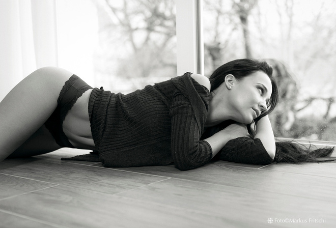 Angelina Petrova, women, model, on the floor, belly, panties, monochrome, looking away