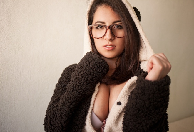 women, portrait, glasses, boobs, bra, simple background