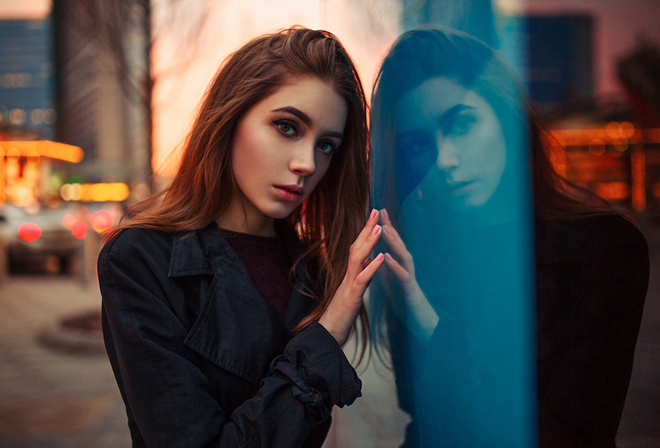 women, Ksenia Kokoreva, Xenia Kokoreva, portrait, glass, reflection, depth of field, women outdoors