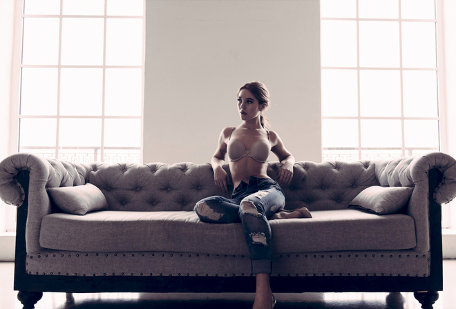 women, couch, bra, looking away, sitting, pants, torn jeans, high heels, window