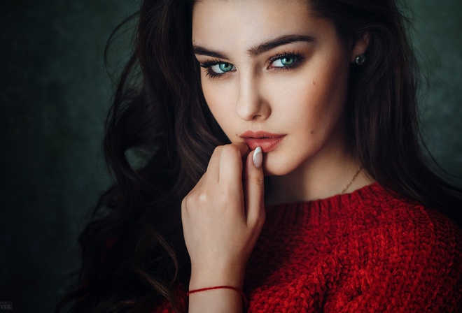 women, face, Evgeny Freyer, finger on lips, portrait, green eyes