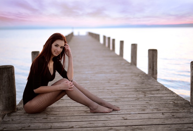 women, sitting, pier, women outdoors, fishnet stockings, smiling, leotard