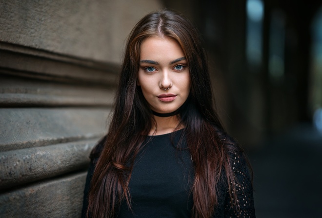 women, face, portrait, choker, nose rings, depth of field, blue eyes