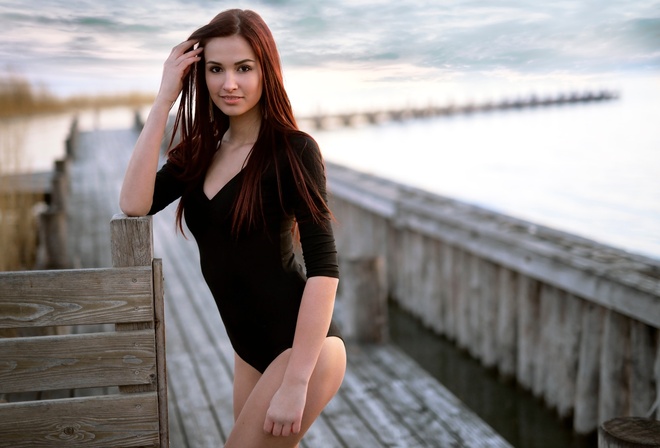 women, pier, leotard, portrait, women outdoors, smiling, depth of field