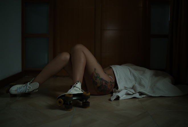 women, Esteban Montoya, roller skates, tattoo, on the floor, panties, ass