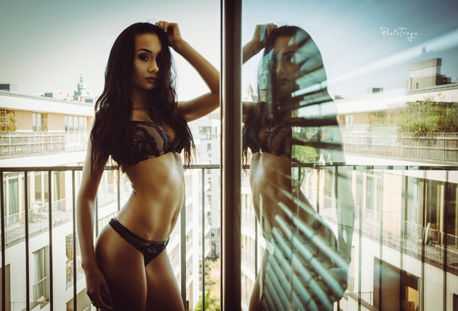 women, tanned, belly, black lingerie, glass, reflection