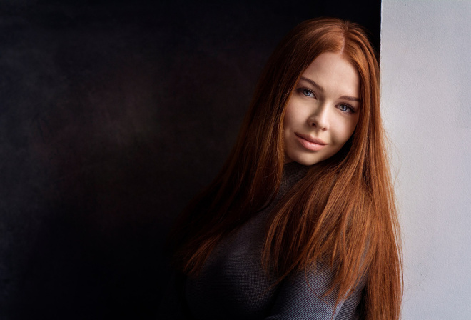 women, face, portrait, simple background, redhead, smiling