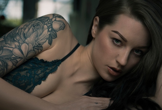 women, portrait, face, tattoo, lingerie, depth of field, green eyes