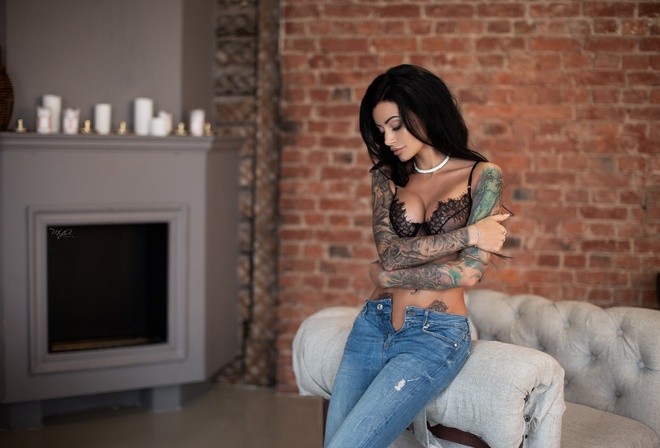 Anna Sajarova, women, pants, jeans, tanned, tattoo, black lingerie, arms crossed, closed eyes, pierced navel