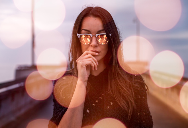 women, portrait, face, depth of field, finger on lips, sunglasses, reflection