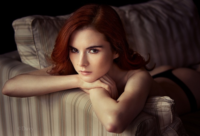 women, redhead, black panties, couch, portrait, face, ass