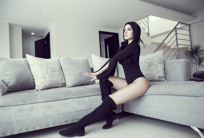 women, leotard, looking away, sitting, couch, knee-high boots, portrait