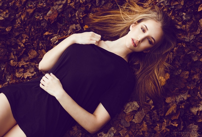 women, top view, black dress, blonde, leaves, portrait, lying on back