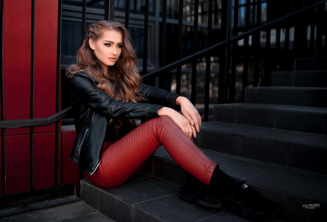 women, portrait, women outdoors, pants, leather jackets, sitting