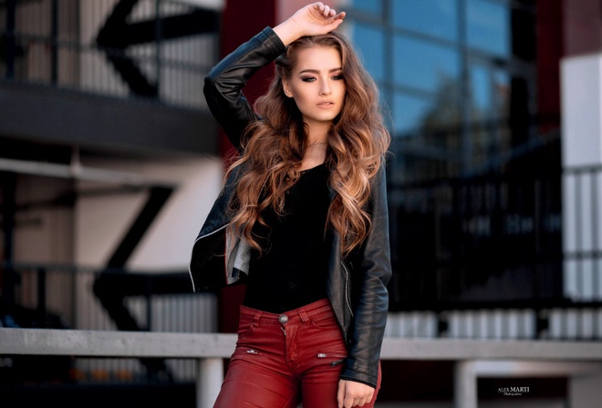 women, portrait, women outdoors, pants, leather jackets