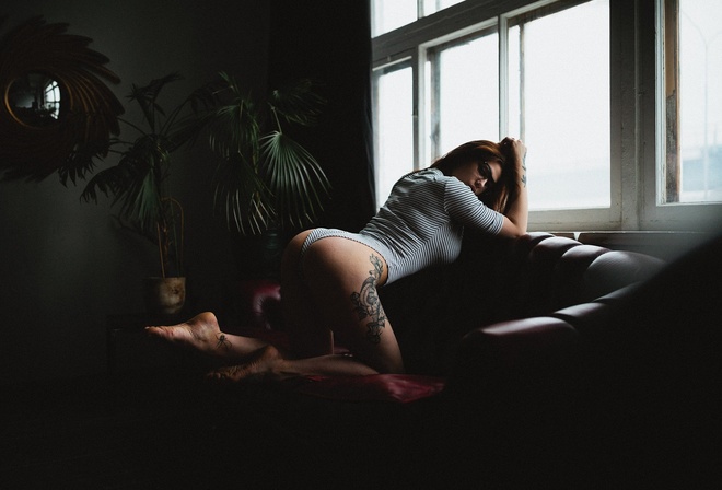 women, glasses, ass, kneeling, tanned, leotard, window, tattoo, couch