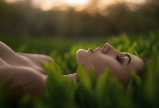 women, depth of field, grass, closed eyes, women outdoors, boobs