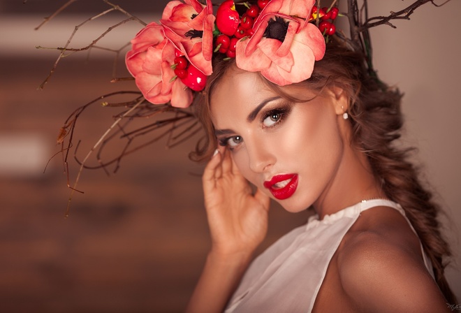 women, tanned, face, portrait, flowers, red lipstick, depth of field, pigtails