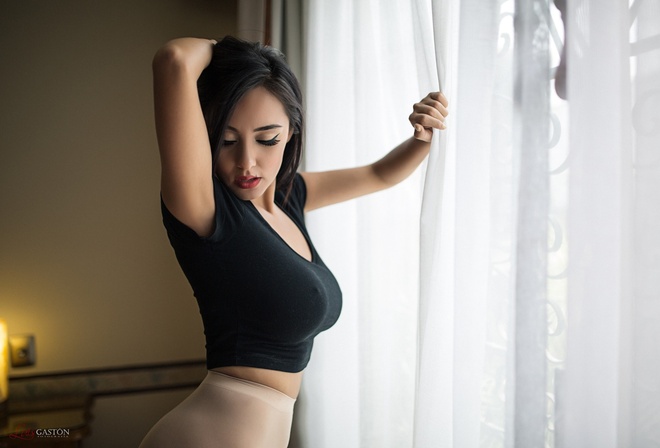 Dulce Soltero, women, brunette, portrait, Luis Gaston, closed eyes, see-through clothing, eyeliner