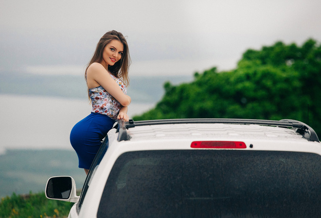 women, dress, smiling, car, depth of field, portrait, women outdoors