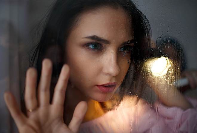 women, portrait, glass, water drops, looking away