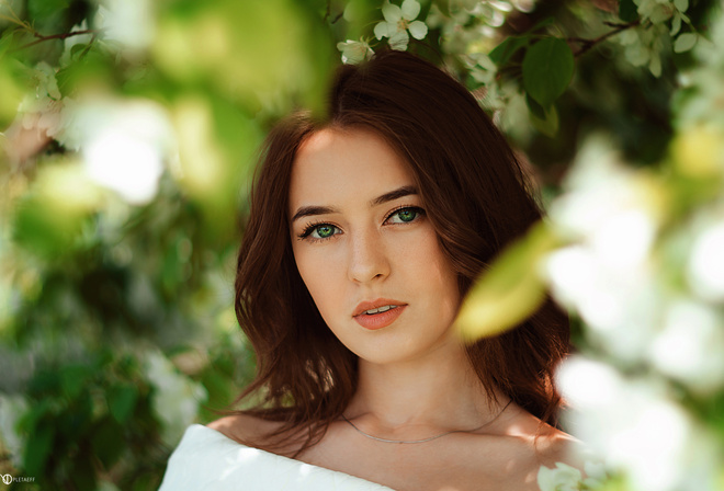 women, face, portrait, depth of field, green eyes