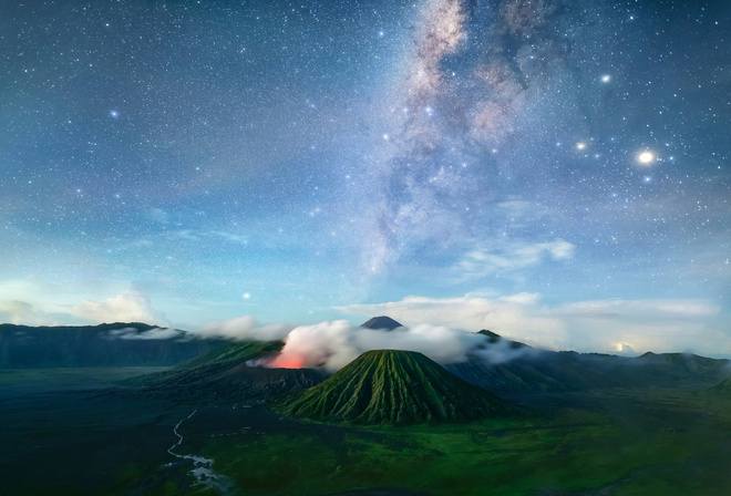 bromo, volcano, java, tenger, night, milky way, stars, indonesia