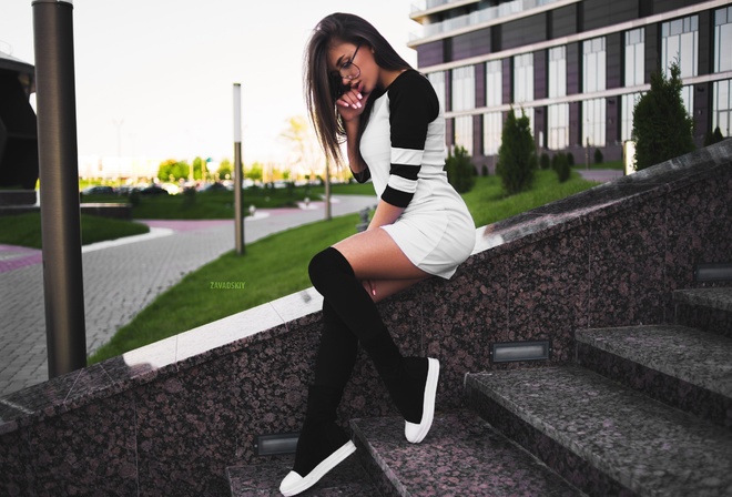 women, dress, black stockings, tanned, depth of field, women outdoors, sitting, shoes, glasses, stairs, women with glasses