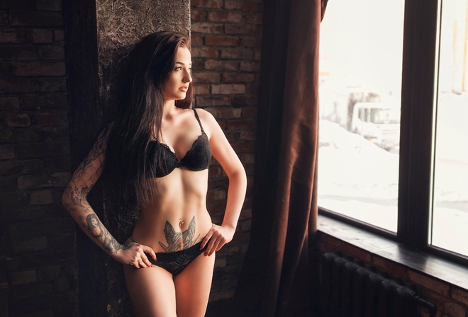 women, black lingerie, belly, window, tattoo, looking away, pierced navel, brunette, red nails, hips, hands on hips