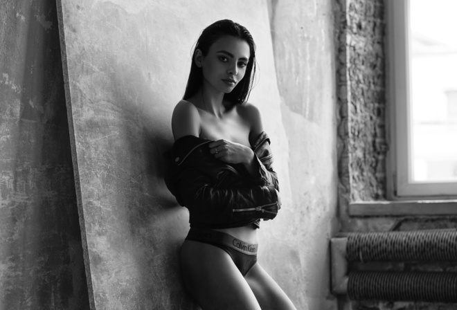 women, black panties, wall, portrait, monochrome, leather jackets, Calvin Klein