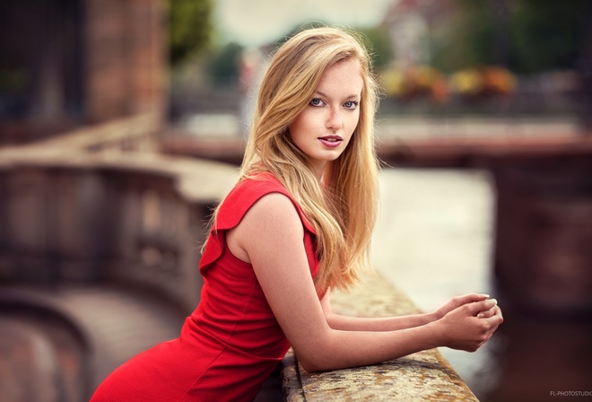 women, blonde, red dress, depth of field, portrait, women outdoors