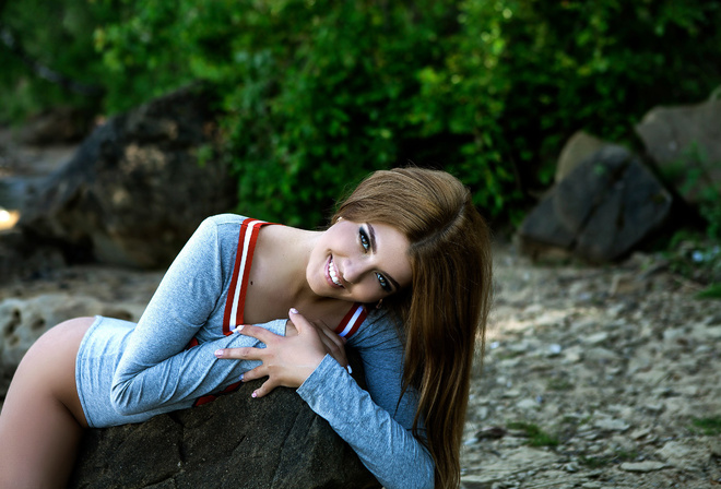 women, smiling, rocks, women outdoors, leotard, brunette, depth of field