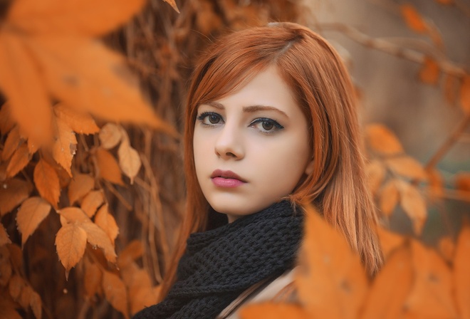 women, portrait, face, women outdoors, depth of field, leaves, redhead, scarf