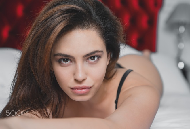 women, face, portrait, depth of field, in bed, lying on front