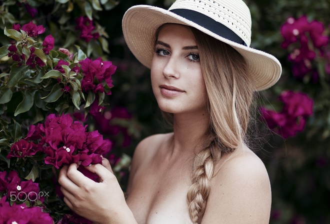 women, blonde, hat, portrait, face, depth of field