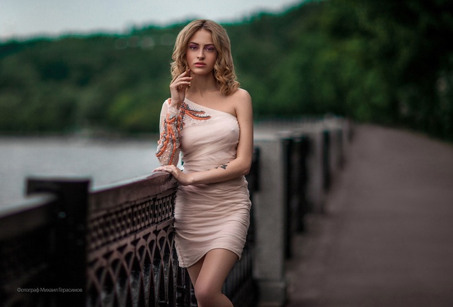 women, Mihail Gerasimov, blonde, depth of field, dress, nipple through clothing, portrait, tattoo